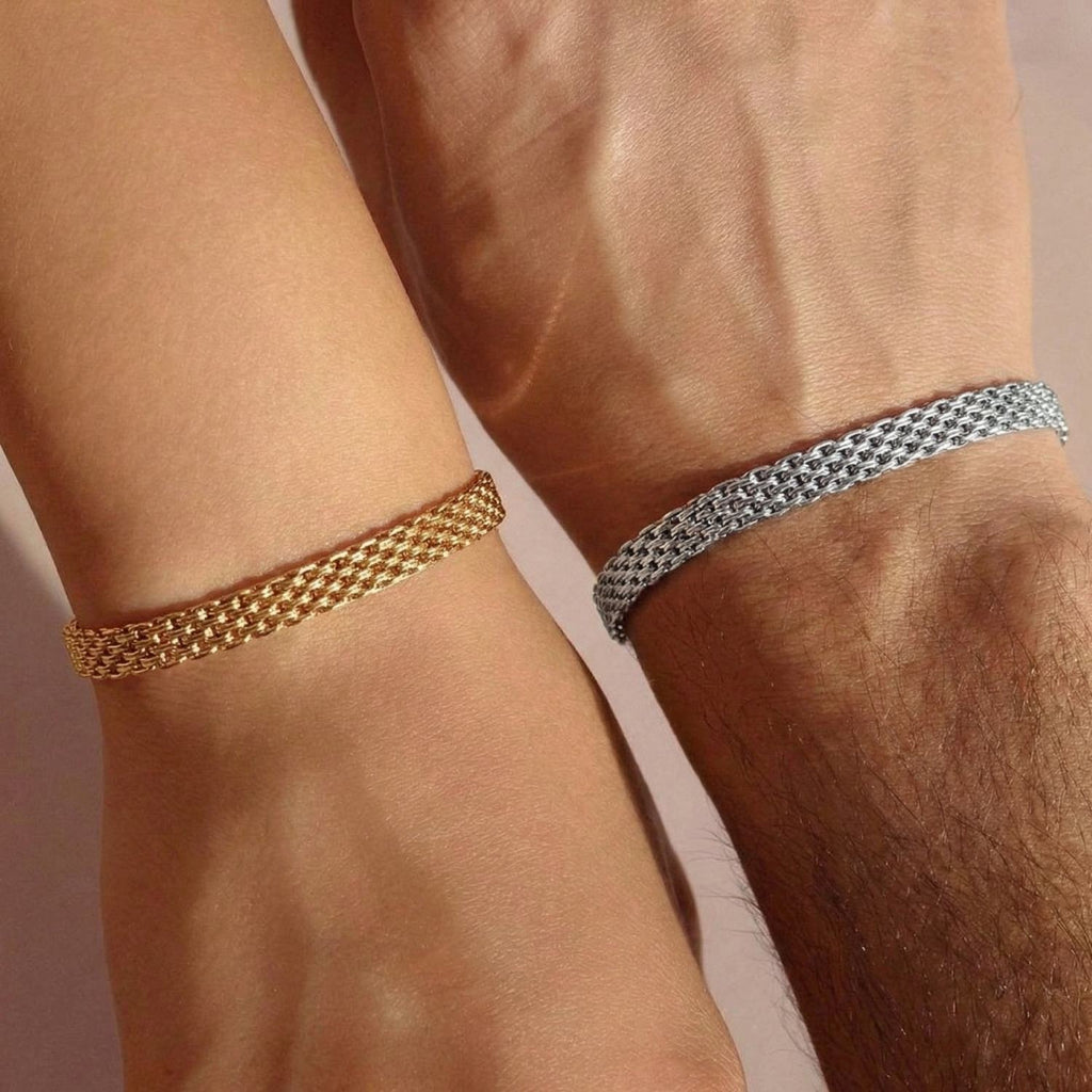 925 Ayar Gümüş Çift Bileklik | Unisex Örgü Zincir Bileklik Seti