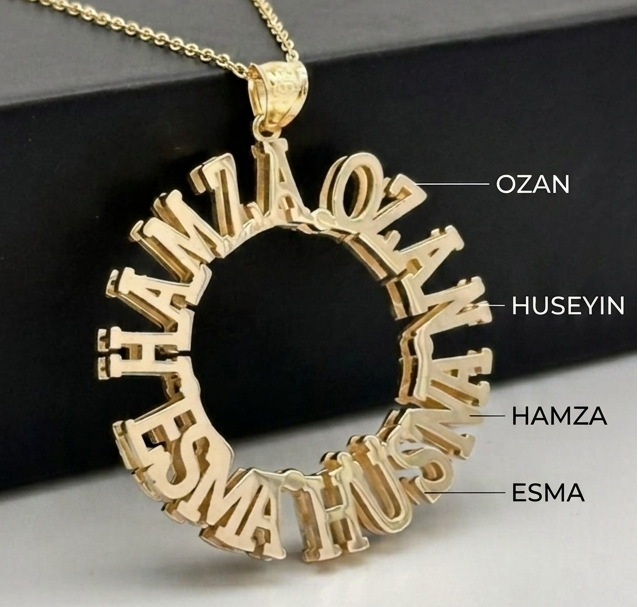 925 Ayar Gümüş Üzeri Kaplama Kişiye Özel Aile İsimli Halka Kolye